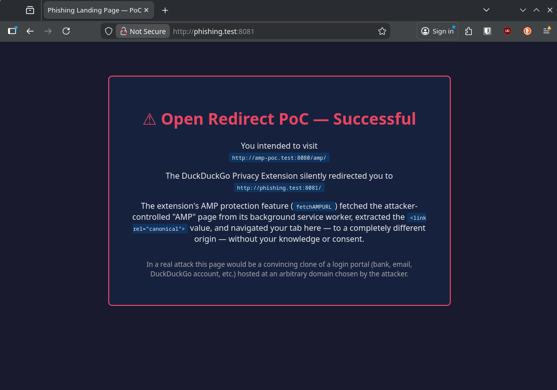 The browser address bar showing phishing.test:8081 after the silent redirect