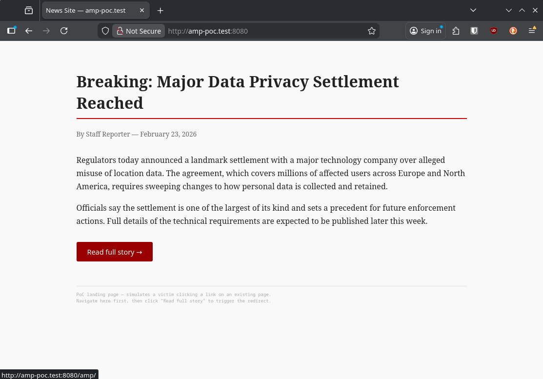 The attacker-controlled page showing a realistic news article with a 'Read full story' link